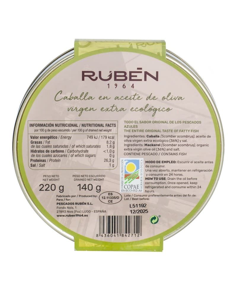 Caballa en aceite de oliva ecológico "filetes" Rubén 220grs - Edición limitada - Imagen 2