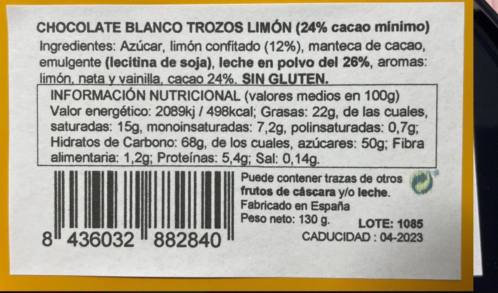 Lata onzas de chocolate blanco con trozos de limón Pazo de Coruxo 130grs - Imagen 2