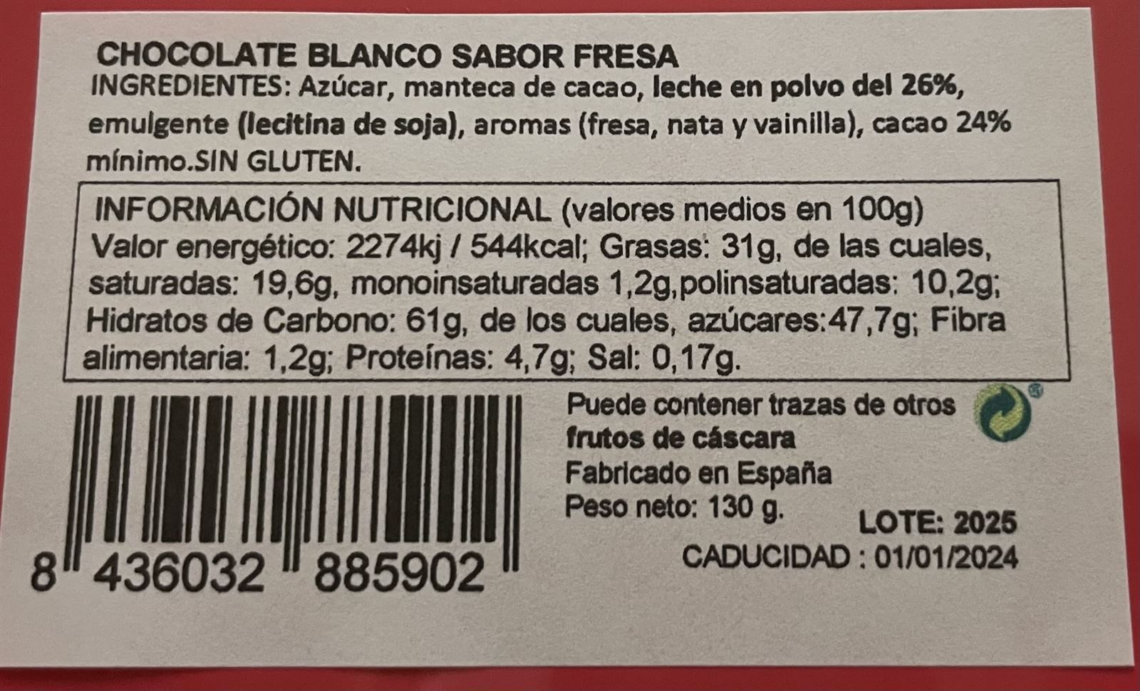 Lata onzas de chocolate blanco sabor fresas Pazo de Coruxo 130grs - Imagen 2