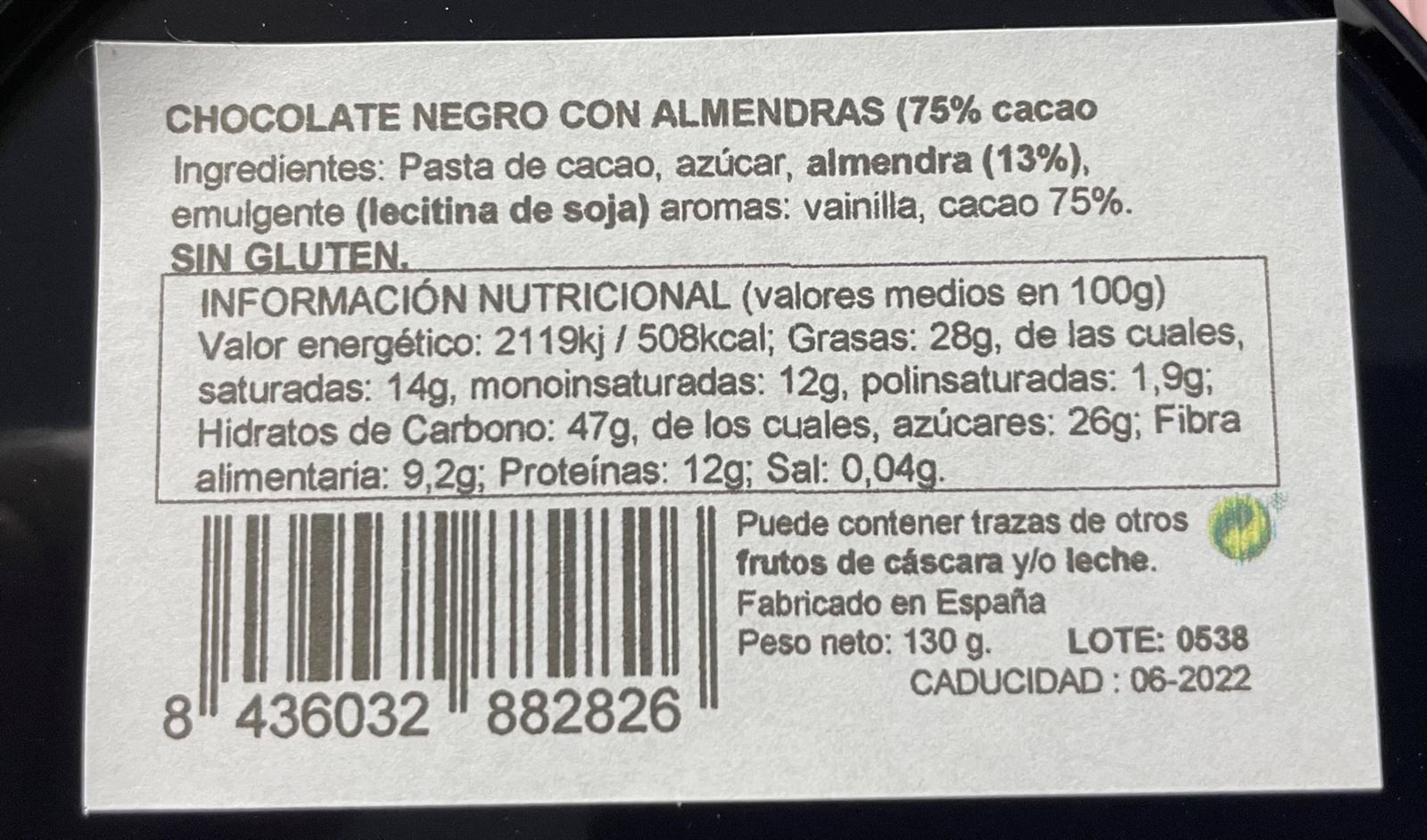 Lata onzas de chocolate negro 75% con almendras Pazo de Coruxo 130grs - Imagen 2