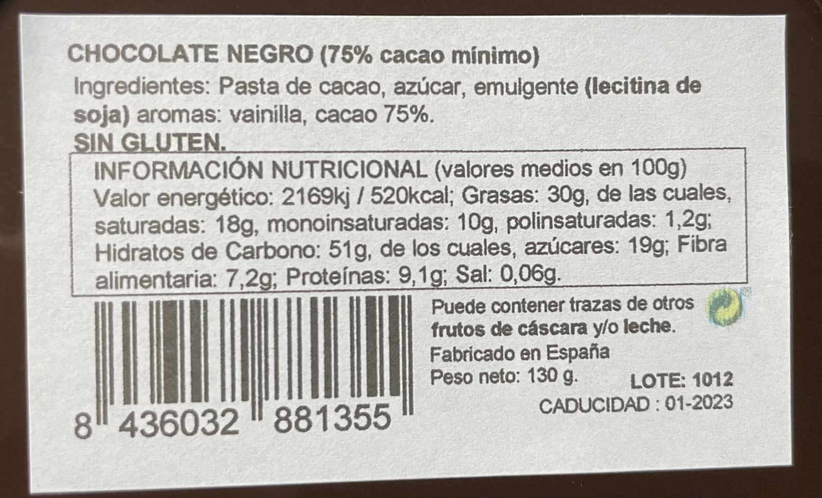 Lata onzas de chocolate negro 75% Pazo de Coruxo 130grs - Imagen 2
