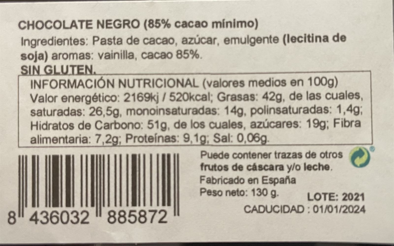 Lata onzas de chocolate negro 85% Pazo de Coruxo 130grs - Imagen 2