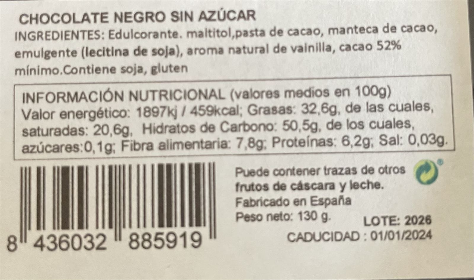 Lata onzas de chocolate negro sin azúcar añadido Pazo de Coruxo 130grs - Imagen 2