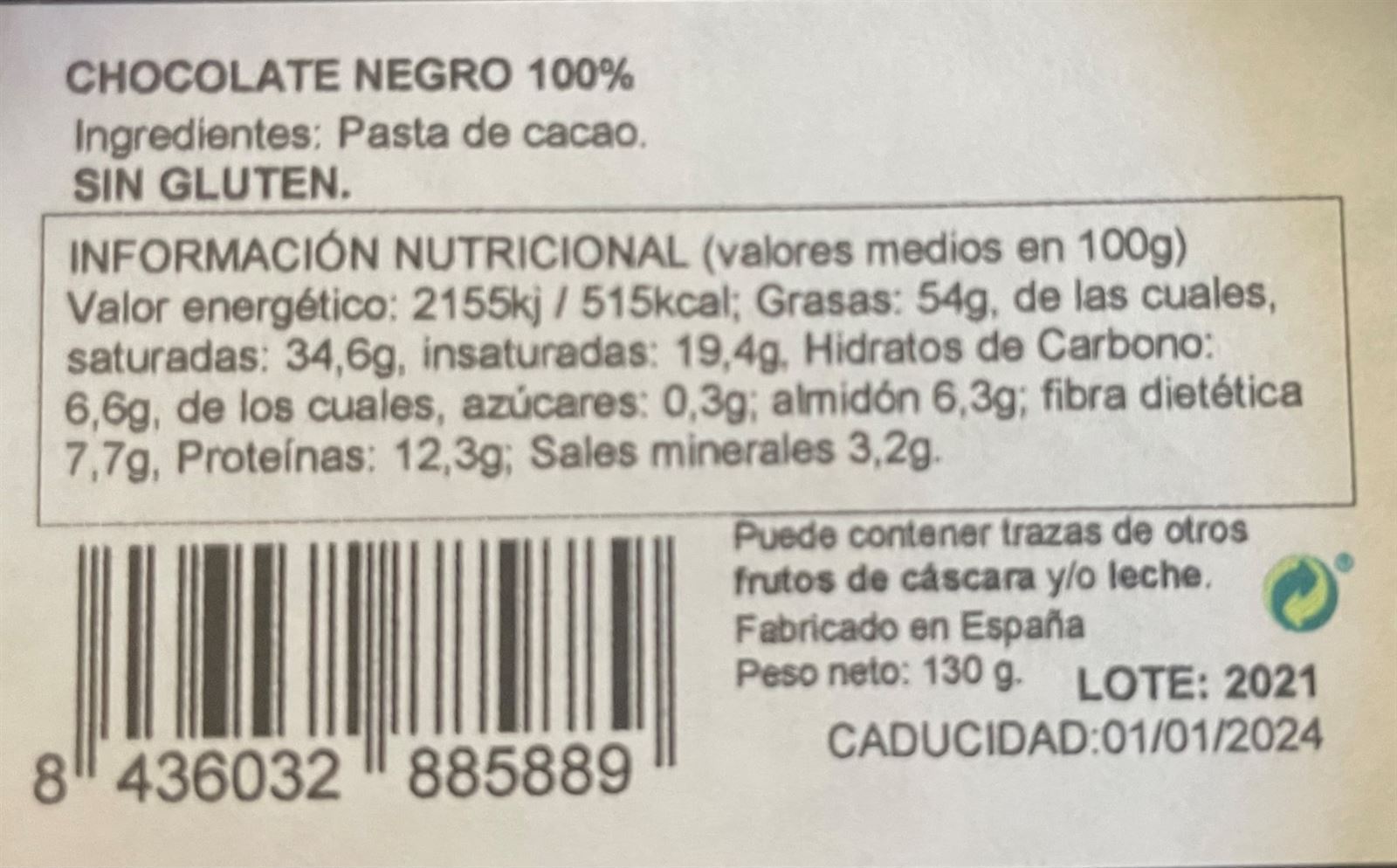 LATA PAZO DE CORUXO ONZAS CHOCOLATE NEGRO 100% 130grs - Imagen 2