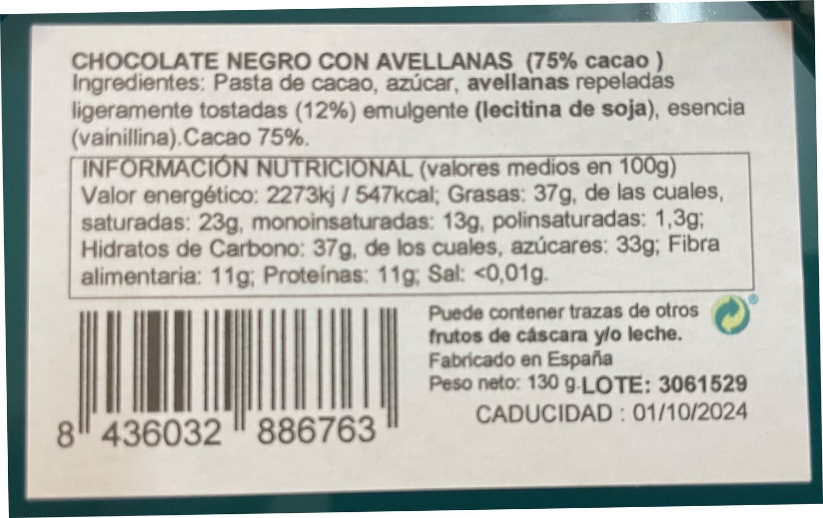 Tableta chocolate negro 75% con avellanas Pazo de Coruxo 300grs - Imagen 2