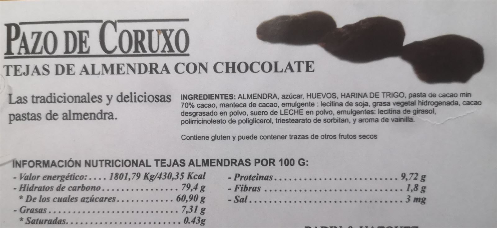 Tejas de Almendra con Chocolate Pazo de Caruxo 200grs - Imagen 2